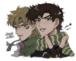  2boys battle_tendency blonde_hair brown_hair caesar_anthonio_zeppeli character_name closed_mouth commentary_request cropped_torso eyelashes fingerless_gloves gloves green_eyes headband highres jojo_no_kimyou_na_bouken joseph_joestar joseph_joestar_(young) male_focus multiple_boys neg_50asu parted_lips scarf short_hair striped_clothes striped_scarf white_background 