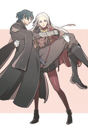  1boy 1girl arm_guards black_coat black_gloves boots capelet carrying closed_eyes closed_mouth coat commentary couple edelgard_von_hresvelg fire_emblem fire_emblem:_three_houses from_side gloves green_hair grey_pants hair_ribbon head_tilt hetero high_heels highres leaning_forward long_hair long_sleeves looking_at_viewer male_byleth_(fire_emblem) nervous pants pantyhose parted_bangs princess_carry purple_ribbon red_capelet red_pantyhose reverse_princess_carry ribbon shade short_hair standing sweatdrop sweater un_faro violet_eyes white_gloves white_hair wide_sleeves 