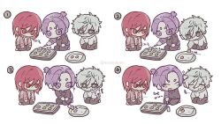  3boys ? annoyed baking_sheet black_pants black_shirt blue_lock blush chibi chibi_only chigiri_hyoma closed_eyes closed_mouth commentary_request cookie crumbs eating food grey_eyes high_ponytail hood hoodie jacket korean_commentary korean_text long_hair looking_at_another looking_down mikage_reo multiple_boys nagi_seishirou ngr0_s2 numbered open_mouth pants ponytail purple_hair red_eyes red_hair red_jacket shirt short_hair short_ponytail sweatdrop violet_eyes watermark white_background white_hair white_hoodie white_shirt 