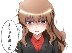  1girl brown_eyes brown_hair collared_shirt crying crying_with_eyes_open fernandia_malvezzi isosceles_triangle_(xyzxyzxyz) jacket long_hair military military_uniform open_mouth shaded_face simple_background solo speech_bubble strike_witches tears translation_request uniform wavy_mouth white_background 