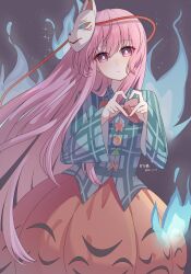  1girl absurdres artist_name blue_fire bow bowtie bubble_skirt chinese_commentary closed_mouth commentary_request dated expressionless face_cutout fire four-finger_heart_hands fox_mask hata_no_kokoro heart heart_hands highres long_hair long_sleeves looking_at_viewer mask mask_on_head ning_zhi_ju orange_skirt pink_eyes pink_hair plaid_clothes plaid_shirt red_bow red_bowtie shirt skirt skirt_cutout solo touhou very_long_hair wide_sleeves 