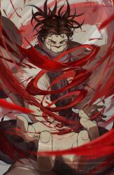  1boy black_hair black_scarf blood choso_(jujutsu_kaisen) commentary_request facial_mark facial_tattoo hemokinesis highres jujukakeru jujutsu_kaisen male_focus robe scar scar_on_face scarf short_hair short_twintails solo tattoo twintails white_robe 