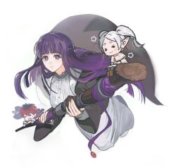  1boy 2girls :3 axe ban_(bango) black_coat black_pantyhose black_roots blunt_bangs boots breasts brown_boots capelet chibi chibi_inset coat dress earrings elf fern_(sousou_no_frieren) flying frieren gold_trim grey_hair hair_between_eyes half_updo highres holding holding_staff jewelry light_smile long_dress long_hair looking_at_viewer medium_breasts multiple_girls pantyhose parted_bangs pointy_ears purple_hair red_hair skirt sousou_no_frieren staff stark_(sousou_no_frieren) sweatdrop twintails violet_eyes weapon weapon_on_back white_background white_capelet white_dress white_skirt 