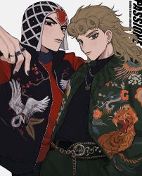  2boys belt black_hat black_nails black_shirt closed_mouth copyright_name earrings giorno_giovanna green_jacket green_pants guido_mista hands_in_pockets hashtag-only_commentary hat highres jacket jewelry jojo_no_kimyou_na_bouken male_focus multiple_boys necklace neg_50asu pants parted_lips red_shirt ring shirt vento_aureo 