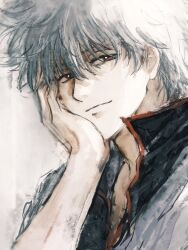  1boy closed_mouth gintama grey_hair hair_between_eyes hand_on_own_cheek hand_on_own_face head_rest highres looking_at_viewer lushu_kuye male_focus messy_hair popped_collar portrait red_eyes sakata_gintoki shirt short_hair smile solo upper_body 