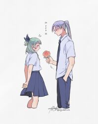  1boy 1girl arms_behind_back blue_necktie blue_pants blue_ribbon blue_skirt blush breasts collared_shirt cowboy_shot cropped_legs flower green_hair hair_ribbon half_updo hand_in_pocket highres holding holding_flower jinshi_(kusuriya_no_hitorigoto) kusuriya_no_hitorigoto maomao_(kusuriya_no_hitorigoto) necktie pants parted_bangs pigrabbit_mtz pleated_skirt ponytail purple_hair ribbon school_uniform shirt short_sleeves signature skirt small_breasts twitter_username white_background white_shirt 