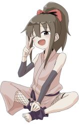  1girl bare_shoulders blush bow brown_eyes brown_hair fishnets hair_bow hand_up hashtag-only_commentary henfrey14 high_ponytail highres hinagiku_(kunoichi_tsubaki_no_mune_no_uchi) indian_style japanese_clothes kimono kunoichi_tsubaki_no_mune_no_uchi looking_at_viewer ninja one_eye_closed open_mouth pink_bow pink_kimono ponytail simple_background sitting sleeveless sleeveless_kimono solo stirrup_footwear w white_background 