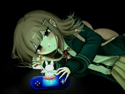  1girl absurdres artist_name black_background black_jacket black_shirt blush brown_eyes brown_hair collared_shirt danganronpa_(series) danganronpa_2:_goodbye_despair dress_shirt gushagushap handheld_game_console highres holding holding_staff jacket long_sleeves lying medium_hair neck_ribbon on_side pink_ribbon pleated_skirt ribbon shirt simple_background skirt staff usami_(danganronpa) white_shirt 