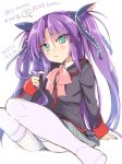  1girl blue_eyes little_busters!! long_hair purple_hair sasasegawa_sasami satomi_yoshitaka school_uniform sitting thigh-highs twintails 