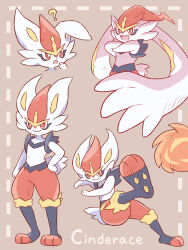  ? absurdres brown_background character_name cinderace commentary_request crossed_arms gigantamax_cinderace highres kicking looking_at_viewer multiple_views neko_gyoza open_mouth pokemon pokemon_(creature) red_fur simple_background tail white_fur 