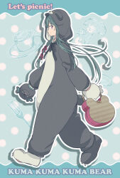  029 1girl animal_costume animal_ears animal_hood bag bear_costume bear_ears bear_hood black_ribbon blush closed_mouth copyright_name cosplay cup english_text fork from_side full_body green_hair hair_ribbon hand_puppet highres holding holding_bag hood hood_up kigurumi kuma_kuma_kuma_bear long_hair looking_at_viewer official_art profile puppet red_eyes red_ribbon ribbon smile solo third-party_source walking yuna_(kuma_kuma_kuma_bear) 
