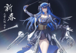  1girl absurdres ambience_synesthesia arknights asymmetrical_gloves asymmetrical_sleeves bare_shoulders black_background black_dress blue_eyes blue_gloves blue_hair chinese_commentary clarinet closed_mouth commentary_request conductor_baton cowboy_shot dress gloves grey_halo grey_horns hair_between_eyes halo highres holding horns innoarukugyou instrument lens_flare light_particles long_hair long_sleeves looking_at_viewer mismatched_gloves mismatched_sleeves mostima_(arknights) mostima_(ethereal_harmony)_(arknights) official_alternate_costume smile solo standing traditional_halo tuba white_gloves 