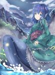  1girl blue_eyes blue_hair clouds cloudy_sky erimu head_fins japanese_clothes kimono long_sleeves mermaid monster_girl obi open_mouth sash sitting sky solo touhou wakasagihime water wide_sleeves 