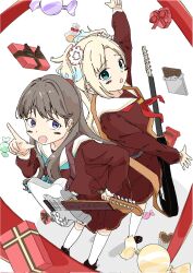 2girls aqua_neckerchief blonde_hair blue_eyes box brown_dress brown_hair candy chocolate chocolate_bar commentary_request dress electric_guitar flower food fujishima_megumi full_body gift gift_box guitar hair_flower hair_ornament hasu_no_sora_school_uniform heart-shaped_box highres instrument japan japanese leaning_forward link!_like!_love_live! long_hair long_sleeves love_live! medium_dress mira-cra_park! multiple_girls neckerchief osawa_rurino parted_bangs pink_flower pleated_dress pocky red_neckerchief sailor_collar sailor_dress school_uniform sugaryu_(su37347929d) twintails violet_eyes virtual_youtuber white_sailor_collar winter_uniform wrapped_candy