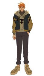  1boy absurdres bleach brown_hair closed_mouth full_body grey_pants grey_sweater hand_in_pocket hashtag-only_commentary highres hood hood_down hoodie jacket_over_hoodie kurosaki_ichigo male_focus orange_hair pants shoes short_hair sneakers solo spiky_hair standing sweater turtleneck turtleneck_sweater white_background white_hoodie xi_luo_an_ya 