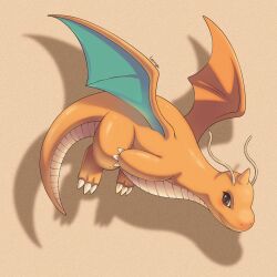 antennae brown_background brown_eyes claws colored_skin dragonite flying highres horns leoiruga looking_at_viewer no_humans orange_skin pokemon pokemon_(creature) shadow simple_background single_horn solo tail wings 