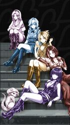  absurdres alice_(bubblebebe) animal_print arm_on_another's_leg beboa_(bubblebebe) boots breasts bubblebebe bubblebebe_(artist) cat cross cross_necklace eve_(bubblebebe) highres holding holding_phone image_sample indie_virtual_youtuber jenni_(bubblebebe) jewelry leather leather_boots leopard_print long_hair lying_on_another mole mole_under_eye necklace original phone rei_(bubblebebe) school_uniform simple_background sitting sitting_on_stairs stairs wolf_cut 