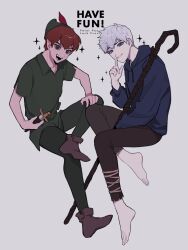  2boys barefoot black_pants blue_eyes brown_shoes commentary_request crossover dagger finger_to_mouth full_body green_hat green_pants green_shirt grey_background grey_hair hat highres jack_frost_(rise_of_the_guardians) knife male_focus multiple_boys neg_50asu open_mouth pants parted_lips peter_pan_(disney) pointy_ears rise_of_the_guardians shirt shoes short_hair shushing sitting solo sparkle walt_disney's_peter_pan weapon 