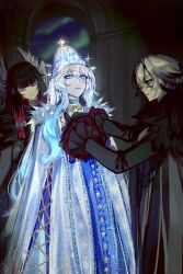  3girls absurdres arlecchino_(genshin_impact) blindfold blue_dress blue_eyes blue_hair blunt_bangs blurry blurry_background brown_hair closed_eyes coat columbina_(genshin_impact) crown dark_room dress english_commentary fake_wings fatui_coat frilled_sleeves frills genshin_impact glint glowing glowing_hair gradient_hair grey_coat grey_hair hair_between_eyes head_wings headpiece highres indoors light_particles long_sleeves looking_down looking_up multicolored_hair multiple_girls red_pupils sidelocks solo_focus sparkle standing streaked_hair suit tractorbelarus228 tsaritsa_(genshin_impact) wavy_hair wide_sleeves window wings 