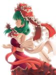  1girl absurdres adapted_costume backlighting bare_shoulders breasts bust closed_eyes dress frilled_ribbon front_ponytail green_eyes hair_ribbon highres kagiyama_hina large_breasts profile red_dress ribbon sideboob simple_background solo touhou white_background zxmpcf 