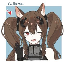  1girl 55555may angelina_(arknights) animal_ear_fluff animal_ears arknights arknights:_endfield bare_shoulders black_gloves blue_background border brown_hair character_name close-up commentary_request dot_nose double-parted_bangs dress drill_hair drill_sidelocks fox_ears fox_girl gilberta_(arknights) gloves grey_dress headpiece heart long_hair looking_at_viewer one_eye_closed outside_border red_eyes sidelocks simple_background sleeveless sleeveless_dress solo twintails upper_body waving white_border 
