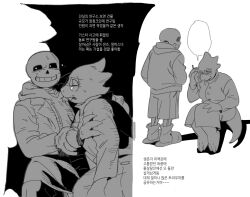  1boy 1girl 2025 2d alphys anthro barefoot black_background black_shorts blank_speech_bubble blue_jacket buck_teeth cellphone coat digital_media dinosaur dinosaur_girl drawstring duo female full_body glasses greyscale highres holding holding_cellphone holding_phone hollow_eyes hood hood_down hooded_jacket humanoid jacket korean_text lab_coat lizard lizard_girl lizard_tail long_sleeves male monochrome monster monster_boy monster_girl phone reptile reptile_girl reptile_tail sans_(undertale) scalie shorts simple_background single_vertical_stripe sitting skeleton slippers socks speech_bubble spoilers striped_shorts tail teeth text translation_request ttudolee undead undertale utdr_(toby_fox) vertical-striped_clothes vertical-striped_shorts white_background 