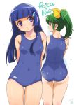  2girls aoki_reika arms_behind_back ass blue_eyes blue_hair breasts character_name dated green_eyes green_hair hair_ornament hair_ribbon hairclip hime_cut inoue_sora long_hair midorikawa_nao multiple_girls one-piece_swimsuit ponytail precure ribbon school_swimsuit signature smile_precure! swimsuit tan towel wet white_background 