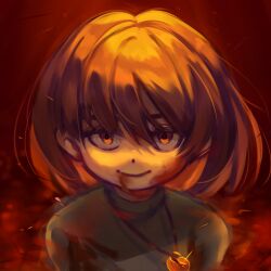  1:1 1other 2022 2d ambiguous_gender annalee-sama brown_hair chara_(undertale) child commentary digital_media english_commentary green_sweater heart_necklace highres horizontal-striped_clothes human jewelry long_sleeves looking_at_viewer necklace other_focus red_background red_eyes short_hair simple_background single_horizontal_stripe smile solo striped_clothes striped_sleeves striped_sweater sweater two-tone_sweater undertale utdr_(toby_fox) yellow_stripes 