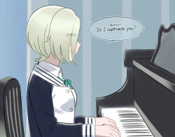  1girl bilingual_text black_jacket collared_shirt commentary_request english_text eyes_visible_through_hair green_hair green_ribbon grin highres indoors instrument ishimochi_(daleka333) jacket letterman_jacket long_sleeves looking_at_viewer love_live! love_live!_nijigasaki_high_school_idol_club mia_taylor mixed-language_text neck_ribbon nijigasaki_school_uniform open_clothes open_jacket piano profile ribbon school_uniform shirt short_hair sideways_mouth sitting smile solo speech_bubble white_shirt 