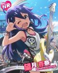  &gt;;d ;d ahoge aqua_eyes audience bass_guitar character_name earrings flying_sweatdrops idolmaster idolmaster_million_live! instrument jewelry long_hair mochizuki_anna official_art one_eye_closed open_mouth purple_hair smile solo_focus sweat sweating 