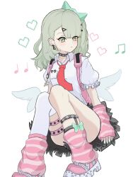  1girl arm_warmers bandaid bandaid_hair_ornament black_choker choker collared_shirt commentary earrings full_body fur-trimmed_skirt fur_trim green_eyes green_hair hair_ornament highres jewelry leg_warmers multiple_hair_clips multiple_thigh_straps musical_note musical_note_earrings necktie pink_arm_warmers pink_bag pink_leg_warmers red_necktie shirt sitting skirt solo striped_arm_warmers striped_leg_warmers sunna_(zenless_zone_zero) thigh_strap untranslatable_commentary white_background white_shirt white_wings winged_bag wings yo_zzz zenless_zone_zero 