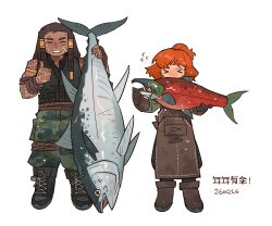  >_< 2girls animal apron armlet blush boots collared_shirt deformed dreadlocks fish full-body_tattoo full_body gloves green_shirt grin hair_bun highres holding holding_animal holding_fish ishmael_(project_moon) jewelry kgdjeisk leather leather_gloves limbus_company multiple_girls orange_hair project_moon queequeg_(project_moon) rope_belt salmon scar scars_all_over shirt smile standing sweatdrop tattoo thumbs_up tuna 