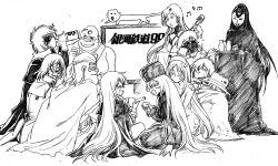  alcohol alien armor arms_at_sides bandana black_hat black_robe blush bottle cape claire_(ginga_tetsudou_999) closed_eyes closed_mouth conductor_(ginga_tetsudou_999) count_mecha cup dog drinking drinking_glass drunk emeraldas eyepatch flustered full-face_blush fur_trim gem ginga_tetsudou_999 glass glasses greyscale guitar hair_ornament harlock harlock_saga hat highres holding holding_cup hoshino_tetsurou instrument la_andromeda_promethium logo long_hair maetel manabe_jouji mechanical_arms mechanical_legs monitor monochrome multiple_boys multiple_girls music musical_note nervous on_floor one_eye_closed ooyama_toshiro party pirate_costume pirate_hat pouring queen_emeraldas robe robot russian_clothes sake sake_bottle see-through_body singing sitting sketch skull skull_and_crossbones skull_hair_ornament skull_print table tokkuri train_conductor uchuu_kaizoku_captain_harlock very_long_hair watching_television wine wine_bottle 