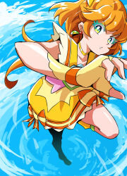  1girl blue_sky bow choker clouds colored_eyelashes commentary cure_papaya dress dress_bow earrings fingerless_gloves gloves green_eyes heart heart_in_eye highres ichinose_minori jewelry jumping leg_up leg_warmers long_hair looking_at_viewer magical_girl orange_bow orange_hair outdoors parted_lips precure sky solo symbol_in_eye tropical-rouge!_precure uraki yellow_choker yellow_dress yellow_gloves yellow_leg_warmers 