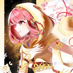  +_+ absurdres animal armlet bare_shoulders beads braid brown_eyes brown_pupils cat character_name chinese_commentary cloak clothed_animal commentary_request crop_top ear_covers eyelashes gold_armlet hair_beads hair_ornament hair_through_hood hair_tubes hairband hand_on_own_chest happy happy_birthday highres hood hood_up hooded_cloak infinity_nikki jewelry letter light_blush light_particles lipstick looking_ahead makeup medium_hair midriff momo_(nikki) moyu_de_liang multicolored_hairband multicolored_headband nikki_(nikki) nikki_(series) official_alternate_costume parted_lips pink_hair pink_lips pointy_nose purifying_wind_(infinity_nikki) shirt side_braids sleeveless sleeveless_shirt smile snowflakes solo_focus sparkling_eyes string string_of_fate teeth twin_braids white_cat white_cloak white_shirt yellow_background 