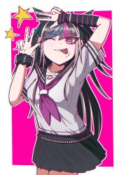  1girl :p absurdres black_hair commentary_request danganronpa_(series) danganronpa_2:_goodbye_despair ear_piercing face_piercing hair_horns hands_up highres jewelry long_hair mioda_ibuki mouth_piercing multicolored_hair open_mouth piercing pink_background pink_eyes pink_hair pink_streaks sailor_collar school_uniform serafuku shirt short_sleeves skirt smile solo streaked_hair tongue tongue_out umi_kani_uni v white_background white_hair white_streaks 