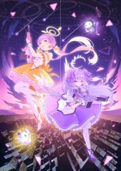  2girls absurdres alternate_costume azusa_(blue_archive) blue_archive boots bow choker cityscape clouds cloudy_sky commentary crossed_bangs dress earrings feathered_wings flower flying gloves gun hair_bow hair_flower hair_ornament halo hifumi_(blue_archive) high_heel_boots high_heels highres holding holding_gun holding_weapon jewelry long_hair looking_at_viewer low_twintails magical_girl multiple_girls open_mouth orange_choker orange_dress pantyhose peroro_(blue_archive) pink_hair puffy_sleeves purple_dress purple_hair purple_shoes purple_sky rifle ring_of_light_(blue_archive) shoes shooting_star skullman_(blue_archive) sky star_(sky) star_(symbol) star_hair_ornament starry_sky swept_bangs teeth twintails two_side_up tyobis. upper_teeth_only violet_eyes weapon white_boots white_gloves white_halo white_pantyhose white_wings wings yellow_eyes yellow_halo 