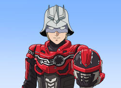  1boy blonde_hair char_aznable chou_uchuu_keiji_gavan_infinity closed_mouth commentary cosplay gavan_infinity gundam helmet highres holding holding_unworn_helmet male_focus mobile_suit_gundam red_helmet shideboo_(shideboh) short_hair smile solo unworn_headwear unworn_helmet upper_body 