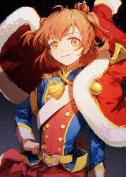  1girl absurdres aijou_karen belt chromatic_aberration closed_mouth crown enip_o epaulettes floating_clothes floating_jacket fur-trimmed_jacket fur_trim hand_on_own_hip highres jacket jacket_on_shoulders light_particles light_smile long_sleeves mini_crown orange_eyes orange_hair red_jacket red_skirt short_hair shoujo_kageki_revue_starlight skirt solo tassel two_side_up upper_body yellow_belt 