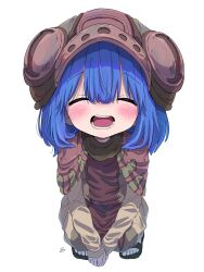 1girl absurdres black_sandals blue_hair blush closed_eyes commentary_request facing_viewer full_body hair_between_eyes helmet highres long_sleeves made_in_abyss medium_hair open_mouth pakkoyan purple_helmet robe sandals sekaineko_001 simple_background solo squatting white_background 