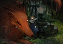  absurdres black_hair black_shirt blue_skirt brown_eyes brown_hair commentary commission coral fangs fox grass hand_on_another's_shoulder highres layered_shirt long_hair long_skirt neckerchief oumi_shiori red_eyes red_neckerchief romaji_commentary sailor_collar shirt skirt thatlazybones traditional_youkai tree turtleneck turtleneck_shirt very_long_hair watashi_wo_tabetai_hitodenashi white_sailor_collar white_shirt yaotose_hinako yashiro_miko 