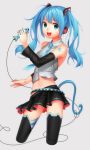  1girl absurdres ai_kusunoki aqua_eyes blue_hair cat_tail detached_sleeves fish hatsune_miku headphones highres looking_at_viewer microphone midriff nail_polish navel necktie open_mouth skirt solo tail tattoo thigh-highs twintails vocaloid 
