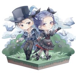  1boy 1girl ankle_bow black_boots black_bow black_dress black_gloves black_hat black_shoes blue_coat blue_corset blue_eyes blue_hair boots bow bow_earrings bush chibi closed_mouth coat collared_shirt colored_eyelashes commission corset double_bun dream-like_night_(infinity_nikki) dress dress_pants dress_shirt earrings expressionless forehead frilled_dress frilled_sleeves frills giovanni_(infinity_nikki) gloves gothic_lolita gradient_eyes grass grey_eyes grey_pants grey_pantyhose grey_shirt hair_bow hair_bun happy hat hat_feather heart heart_print highres infinity_nikki jewelry layered_sleeves light_blush lolita_fashion long_sleeves looking_at_another mary_janes medium_dress multicolored_eyes night nikki_(series) open_clothes open_coat origami outline outstretched_arm outstretched_hand pants pantyhose paper_crane parted_lips pocket print_dress puffy_long_sleeves puffy_short_sleeves puffy_sleeves red_eyes red_ribbon ribbon sample_watermark scar scar_on_cheek scar_on_face shier_dao_de shirt shirt_under_dress shoes short_hair short_over_long_sleeves short_sleeves smile sparkle standing top_hat watermark white_background white_outline wrist_ribbon 