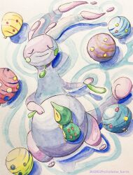  2others afloat artist_name closed_eyes commentary_request cyndaquil dated goodra highres ivasama_kaeru lying lying_on_another multiple_others no_humans on_back pokemon pokemon_(creature) simple_background water water_yoyo 