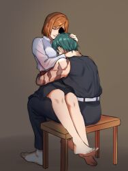  2girls absurdres eyepatch green_hair hashtag-only_commentary highres jujutsu_kaisen kugisaki_nobara long_hair lumen_sky multiple_girls orange_hair scar scar_on_arm shirt short_hair smile zen'in_maki zen'in_maki_(post_shibuya) 