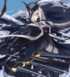  1girl absurdres arknights ascot black_boots black_cape black_dress black_gloves black_hat boots cape closed_mouth commentary_request cowboy_shot dress etobane gladiia_(arknights) gloves grey_pants hair_over_one_eye hat highres holding holding_polearm holding_weapon long_hair looking_at_viewer low-tied_long_hair pants pointy_ears polearm red_eyes solo thigh_boots trident weapon white_ascot white_hair 