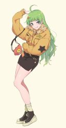  1girl absurdres ahoge aqua_eyes bag black_shoes black_skirt blunt_bangs blush breast_pocket character_name coat commentary_request contrapposto earrings eyelashes fashion full_body fur-trimmed_collar fur_trim green_hair grin hair_ornament handbag highres hodoyoi idolmaster idolmaster_million_live! idolmaster_million_live!_theater_days jewelry lips long_hair lower_lip_only necklace orange_coat pencil_skirt pink_nails pocket ring romaji_text shimabara_elena shoes skirt sleeves_past_wrists smile smiley_face sneakers socks solo star_(symbol) star_earrings star_hair_ornament star_necklace star_ornament very_long_hair wavy_hair white_background white_socks winter_clothes winter_coat 