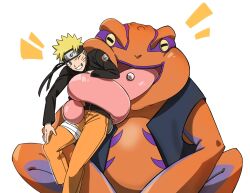  2boys bandaged_leg bandages black_headband black_jacket black_vest blonde_hair blue_eyes commentary facial_mark gamakichi_(naruto) grin headband highres horizontal_pupils jacket konohagakure_symbol male_focus multiple_boys naruto_(series) naruto_shippuuden okbdko123 one_eye_closed orange_pants pants piercing short_hair smile spiky_hair teeth toad_(animal) tongue tongue_out tongue_piercing untranslatable_commentary uzumaki_naruto vest whisker_markings white_background 