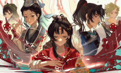  1boy 4girls absurdres black_eyes black_hair blue_robe cheng_heguang chinese_clothes chinese_commentary chinese_paper-cut commentary_request earrings facial_mark facing_viewer feather_boa forehead_mark glasses green_hair green_headscarf hair_branch hair_bun hand_up hands_up hanfu hat_on_back headscarf highres jewelry long_hair looking_at_viewer looking_to_the_side master_ren_(reverse:1999) mayfly_(reverse:1999) mole mole_above_eye mole_on_nose multiple_girls orchid_fingers paper_heron papercutting plant_hair ponytail profile red_hanfu reed_(reverse:1999) reverse:1999 robe short_hair smile weimao white_background white_hanfu wo_xian_dao_bei_shui 