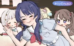  >_< 4girls aqua_neckerchief blonde_hair blue_hair blue_ribbon blush breast_pocket brown_hair closed_mouth commentary_request dress fujishima_megumi gradient_hair grey_hair hair_ribbon hasu_no_sora_school_uniform highres kyaku_tasu link!_like!_love_live! love_live! low_twintails multicolored_hair multiple_girls murano_sayaka neckerchief osawa_rurino pocket puffy_short_sleeves puffy_sleeves red_streaks ribbon running sailor_collar sailor_dress school_uniform short_sleeves streaked_hair summer_uniform twintails two_side_up violet_eyes virtual_youtuber white_dress white_sailor_collar yugiri_tsuzuri 